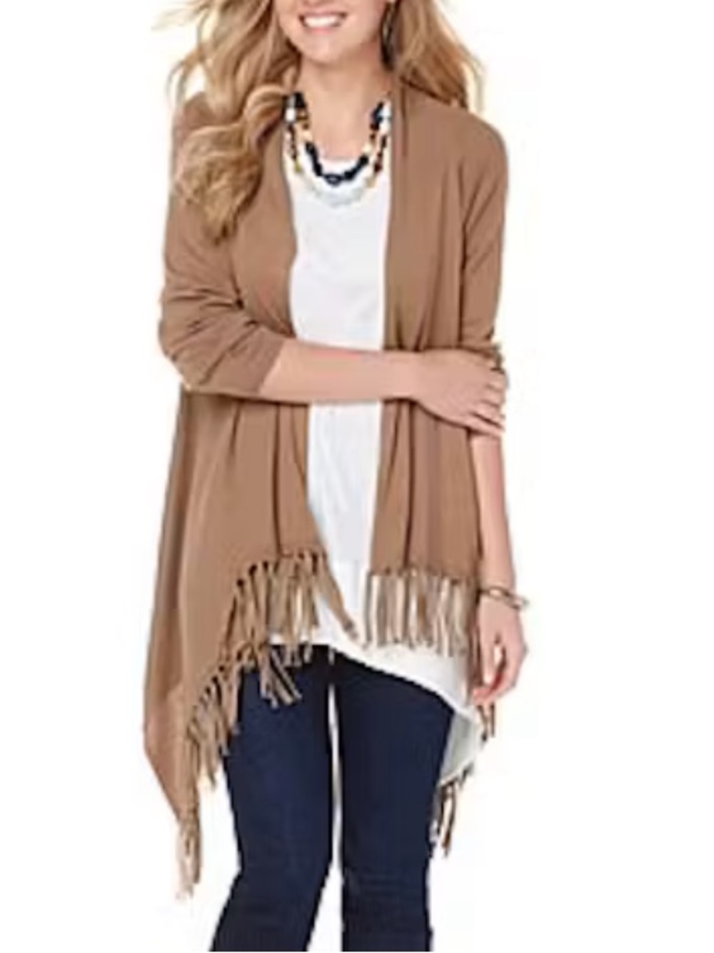 Fringe Open-Front Women's Cardigan Sweater - Tan. 🏡